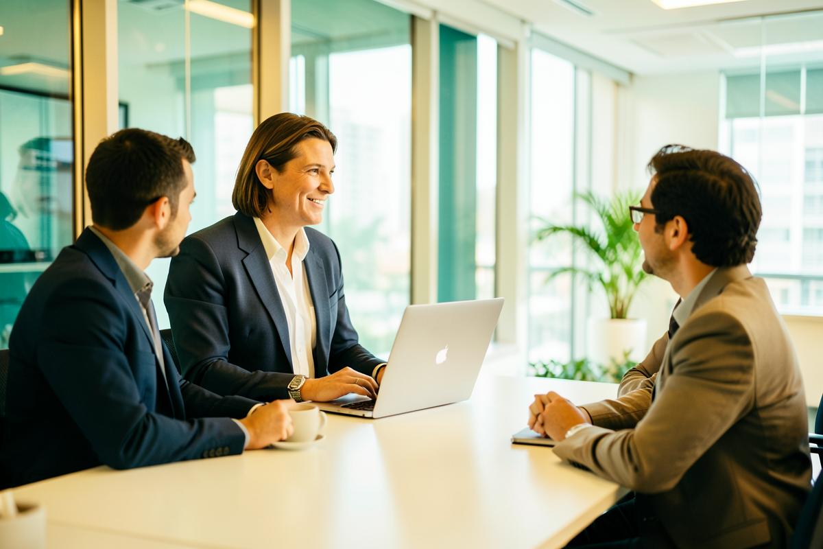 Professional presenting to two colleagues in a bright modern meeting room