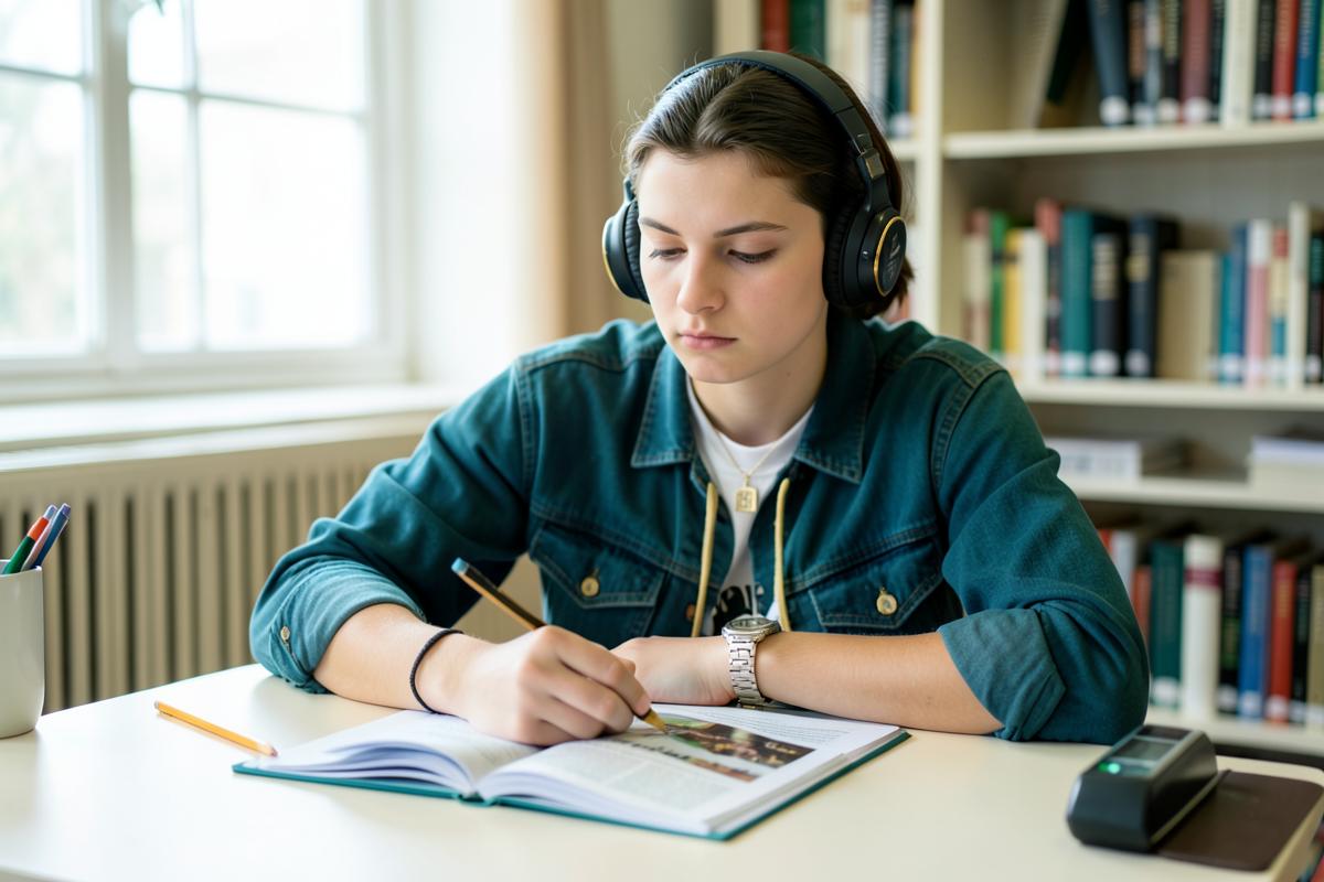 Student working through a timed practice booklet with headphones in a library