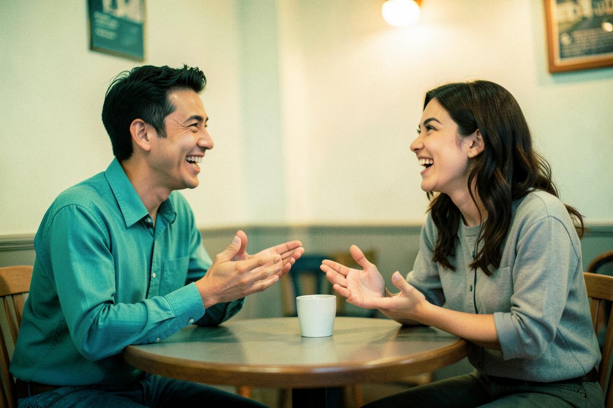 Two people laughing during an animated conversation at a cafe table